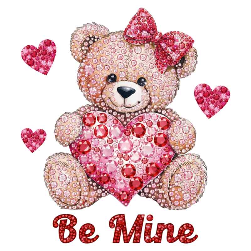 Cute fuzzy teddy bear holding pink heart with love text, surrounded by pink hearts