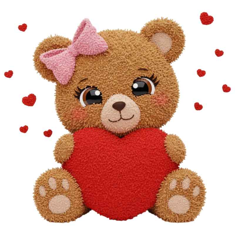 Fluffy brown teddy bear with pink bow holding red heart, surrounded by small red heart decorations
