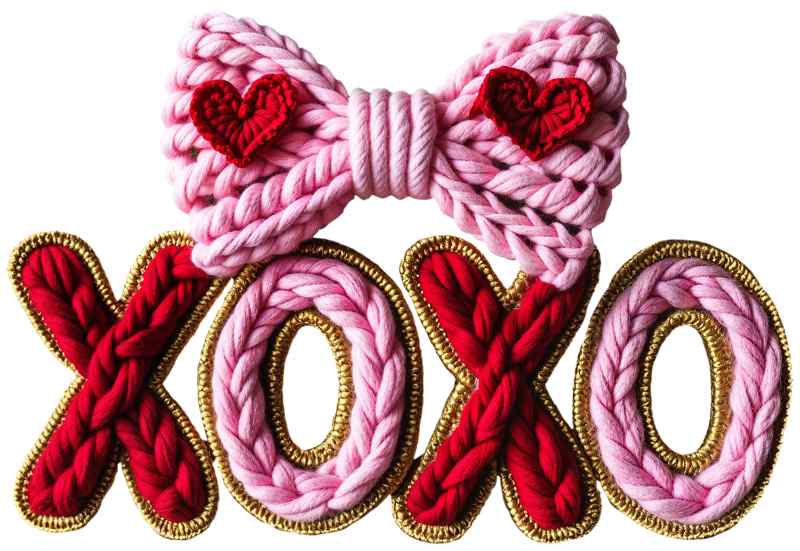 Pink and red knitted XOXO text with heart bow transfer design in valentines colors